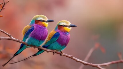Two beautiful colorful birds relishing their spot on a branch in a serene natural setting