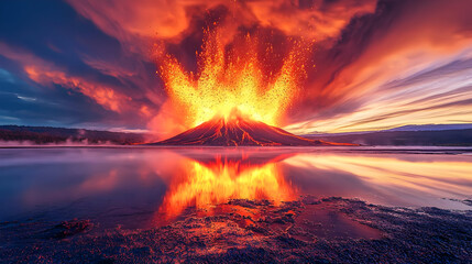 Powerful volcano erupting dramatically over tranquil lake, fiery lava reflected in still water, vibrant sunset sky