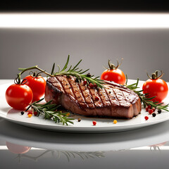 Grilled T-bone Steak Garnished with Rosemary, Cherry Tomatoes, and Mixed Peppercorns