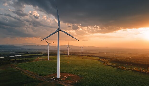 Aerial View of Wind Turbines Spinning Over Green Fields at Sunset – Clean Renewable Energy and Sustainability Concept with Copy Space