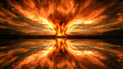 Massive explosion reflecting in placid water at sunset. Fiery mushroom cloud ascends above horizon