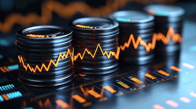 Dark, metallic cylinders stacked, displaying fluctuating orange charts.  Modern financial data interface