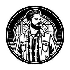 Vintage Hipster Portrait with Beard and Plaid Shirt in Retro Black and White Graphic Style.
