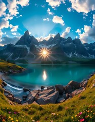 a dramatic landscape with vibrant sunrise over a clear blue lake, with the su rays bursting from behind jagged, snow capped mountains, lush green grass on foreground with wildflowers and rocks