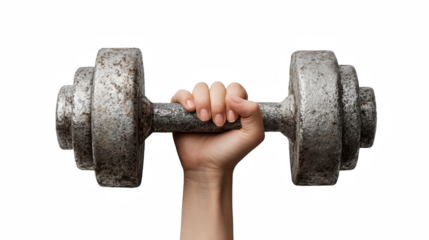 A hand grips a rusty dumbbell, showcasing strength and fitness isolated on transparent background