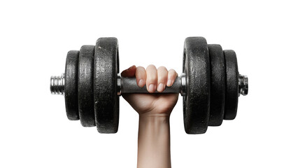 Closeup of a hand firmly holding a black dumbbell isolated on transparent background