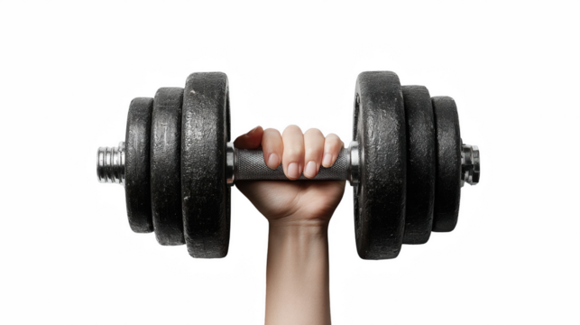 Closeup of a hand firmly holding a black dumbbell isolated on transparent background