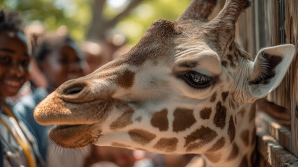 Fototapeta premium Kids express delight while observing playful giraffes at the zoo