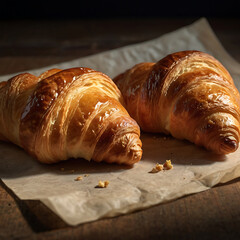 Golden, Flaky Butter Croissants on Rustic Parchment Paper