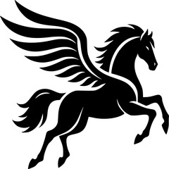 Majestic Pegasus Silhouette: A striking black silhouette of a Pegasus, showcasing its powerful form and spread wings, captures the essence of myth and fantasy.