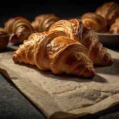 Golden, Flaky Butter Croissants on Rustic Parchment Paper