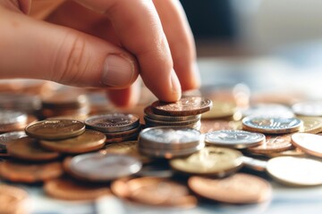 Hand stacking coins on a table, symbolizing savings, investment, and financial growth