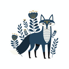 Stylized blue fox standing among decorative plants and flowers in Scandinavian style, for decorating mugs, textiles, notepads, notebooks, printed and souvenir products