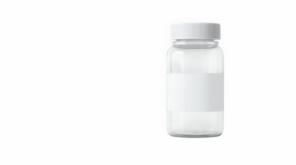 Clear plastic vitamin bottle with blank label, supplement or medicine packaging mockup on white
