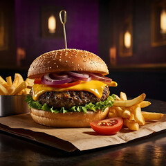 Juicy Cheeseburger with Fries and Fresh Cucumber Slices on Rustic Paper with Dark Background