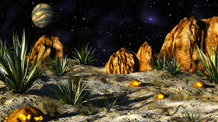 Alien desert landscape under a starry night sky.  A vast, otherworldly landscape with orange-toned rocks,  agave plants, and glowing objects scattered across a sandy surface.