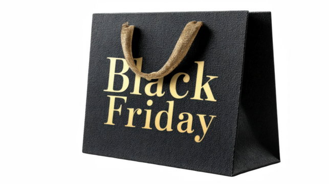 A black shopping bag with gold lettering announces black friday isolated on transparent background