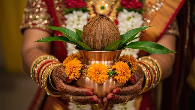 Beautifully ornamented copper pot, held by hands adorned with gold jewelry in wedding ceremony