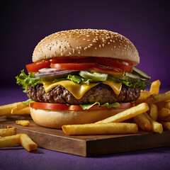 Juicy Cheeseburger with Fries and Fresh Cucumber Slices on Rustic Paper with Dark Background