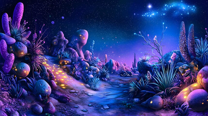 Mystical desert path at night, glowing plants and rocks.  Stars and constellations above