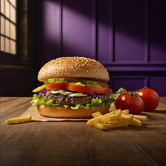 Juicy Cheeseburger with Fries and Fresh Cucumber Slices on Rustic Paper with Dark Background