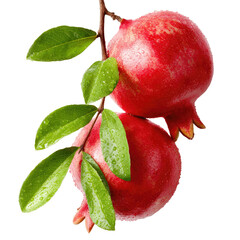 Two ripe pomegranates on a branch with leaves, glistening with water droplets