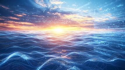 Digital ocean sunset, overlaid with futuristic cityscapes and data streams.  Vast, shimmering water surface,  illuminated by golden sunlight.  