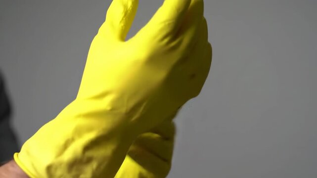 Person wearing yellow rubber gloves for cleaning or safety work