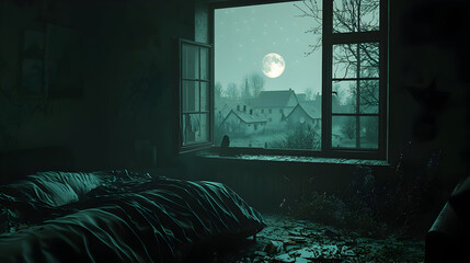 A dark, moody bedroom, window view of a tranquil village at night.  Bed is messy, room is dimly lit