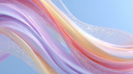 Smooth, flowing abstract waves in pastel shades of purple, pink, and peach with glittering particles against a soft blue background.
