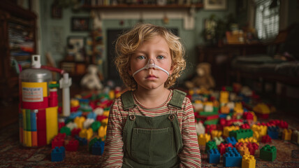Young child sits calmly in living room surrounded by colorful building blocks