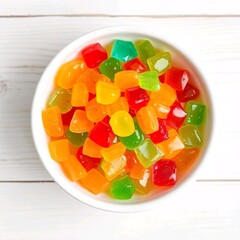 Colorful Jelly Cubes in a White Bowl
