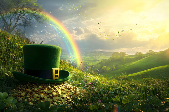 St. Patrick's Day treasure landscape with rainbow, gold coins and green leprechaun hat