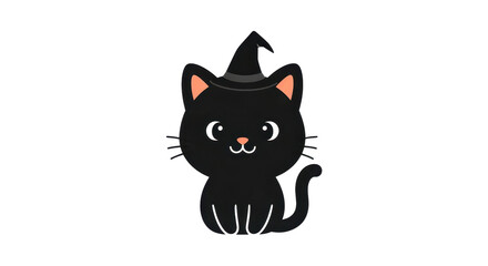 A cute cartoon black cat wearing a Halloween witch hat sits against a transparent background ready for spooky season.