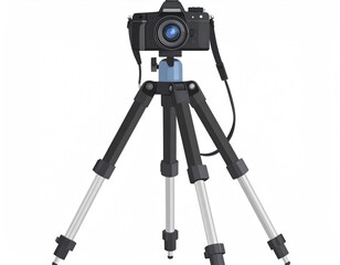 Black Camera on Tripod with Extended Legs on White Background Digital Photography Equipment for Travel and Content Creation