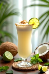 Yellow Tropical Cocktail with Lime Garnish &ndash; Refreshing Summer Drink and Exotic Beverage Concept