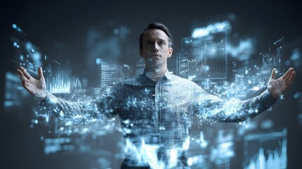 A tech-savvy data scientist surrounded by holographic graphs and data
