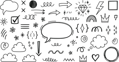 Diverse doodle elements showcase abstract design, perfect for decoration, invitations, and artistic projects that require unique sketched illustration