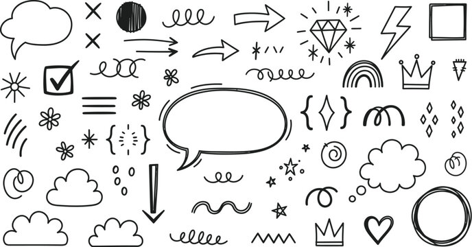 Diverse doodle elements showcase abstract design, perfect for decoration, invitations, and artistic projects that require unique sketched illustration