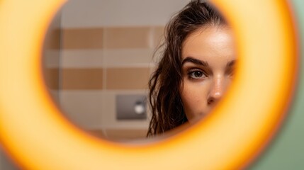 Woman gazing through a circular mirror view.