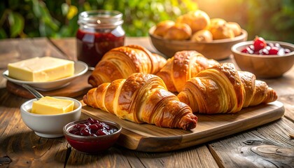 Croissants and jam on a rustic wooden table