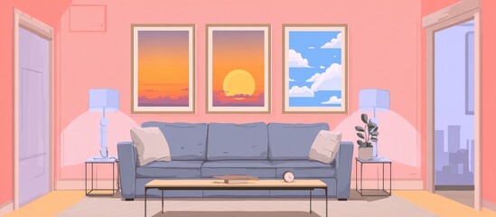 Pastel-colored living room with framed artwork and a couch