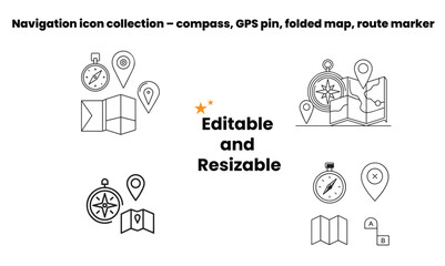 Navigation Icons Set – Compass, GPS Pin, Map Marker, Route, Editable Vector in Black and White