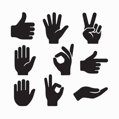 Collection of hand gestures, icons, symbols, and signs in various minimalist graphic styles.