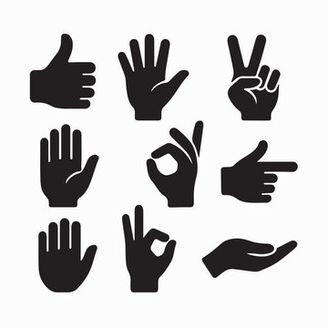 Fototapeta Collection of hand gestures, icons, symbols, and signs in various minimalist graphic styles.