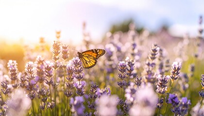 Butterfly in lavender field at sunset