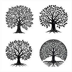 Elegant Black Tree Silhouette Set with Leaves and Roots