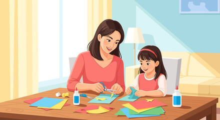 Adobe illustrator artwork vector illustration of a mother and daughter doing a creative craft activity at home, making art with colored paper, scissors, and glue in a cozy living room.