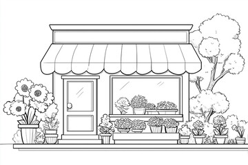 flower shop front line art for coloring book, hand drawn flower store line art with plants and trees
