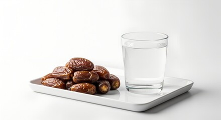 Dates and water on white tray representing ramadan tradition